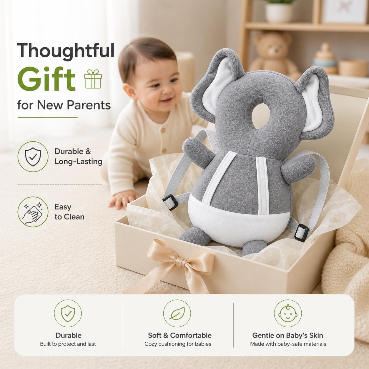 GLUN® Baby Head Protector Backpack, Pack of 1 Cute Elephant Soft Cushioning, Adjustable Shoulder Belt, Head Protection Back for 6-18 Month Toddler Kids 2