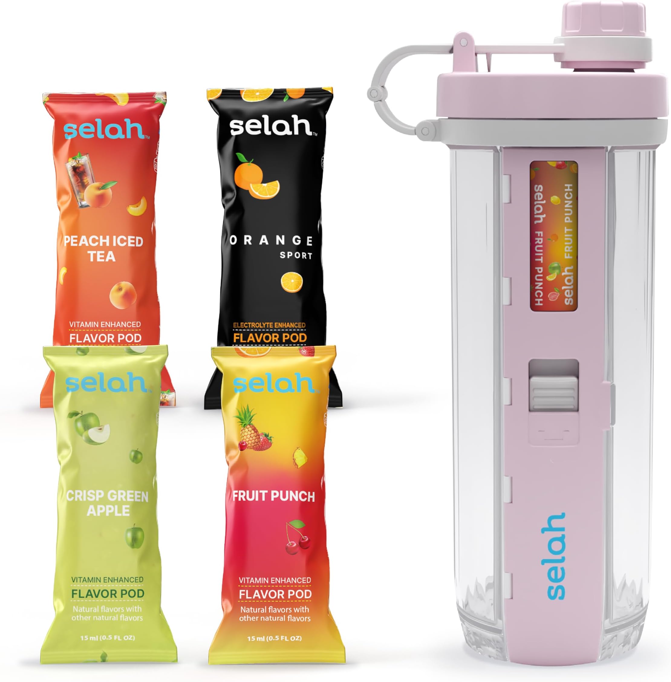 Selah Flavored Water Bottle - Water Enhancer, Sugar Free, Vitamin Infused Water - 20oz Water Bottle With Flavor Pods Included - Energy Drink, Strawberry, and Sports Drink Pods (Pink, 4 Flavor Pods)