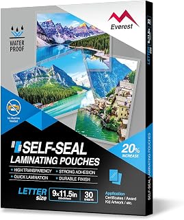 Everest Self Sealing Laminating Pouches, Waterproof Lamination Pouches, Permanent Adhesive, 9 x 11.5 Inches, 30 Sheets, 10 Mils Thick, Gloss Finish Letter Size, No Laminating Machine Needed