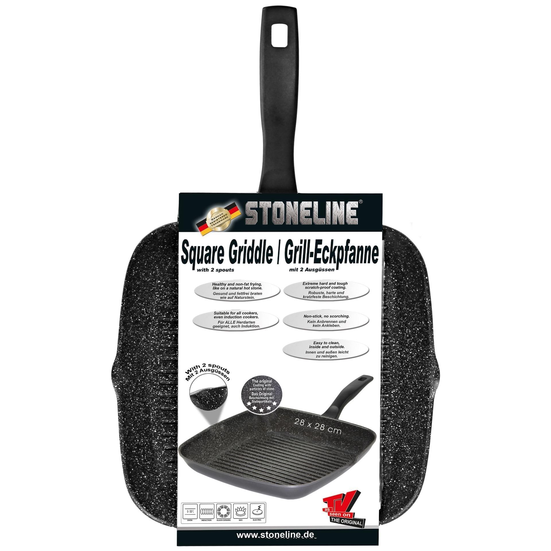 STONELINE Grillpfanne 28 x 28 cm, Aluguss, Antihaftbeschichtung mit echten Steinpartikeln, Große Pfanne Induktion backofengeeignet, Steakpfanne Eckig, Schwarz