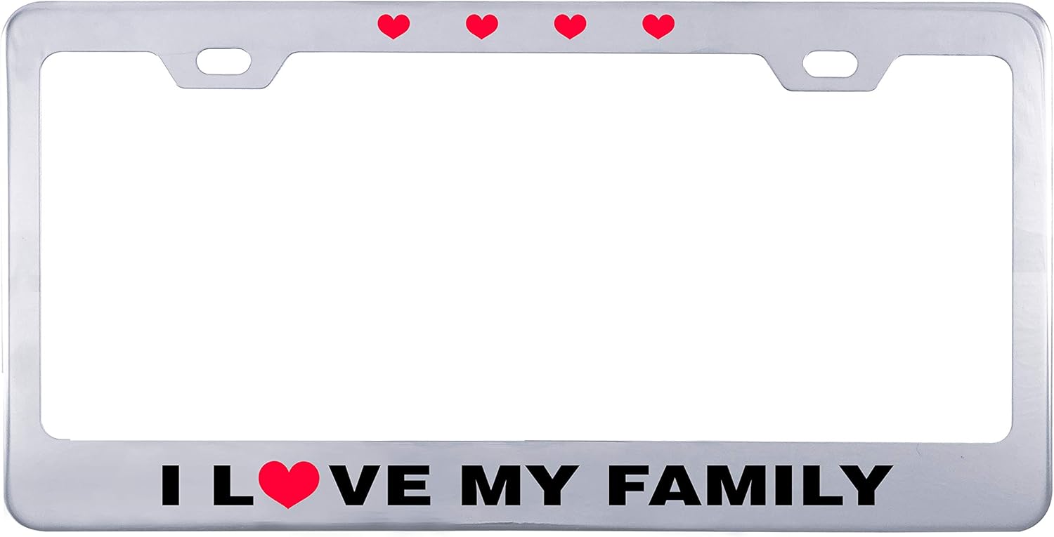 Printtoo Silver I Love My Family Text Stainless Steel License Plate Frame 2 Hole Vinyl Cut Letters License Cover