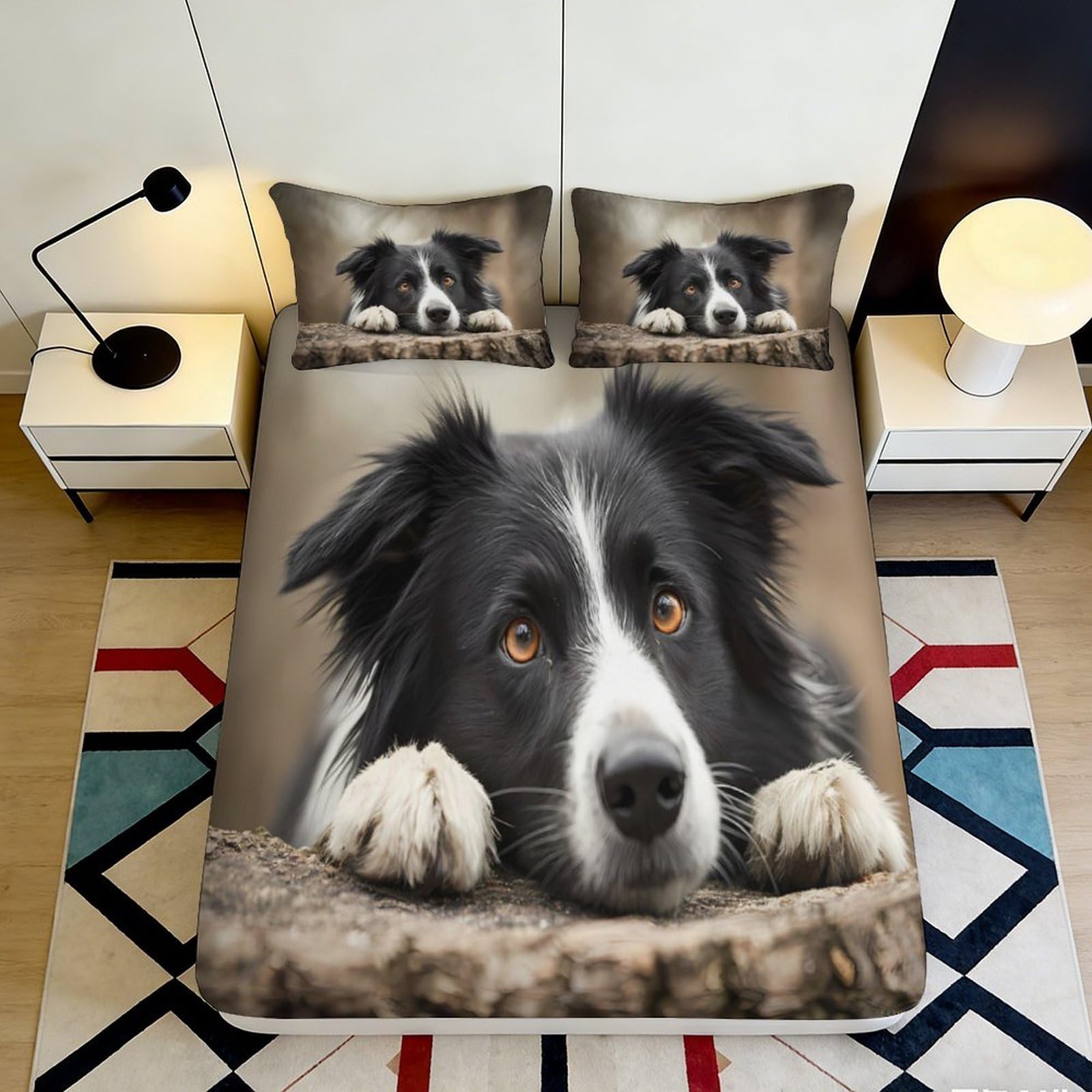 3D Printed Border Collie Dog Fitted Sheet Microfiber Black White Pet Portrait Bed Cover for Bedroom Guest Room Decor 90x200x25cm