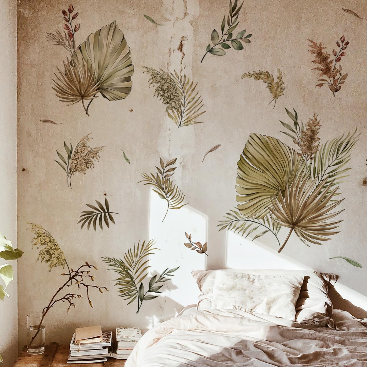 Calcomanías de pared grandes de hojas de palma bohemias, calcomanías de pared para sala de estar, dormitorio, fondo de TV, decoración de pared