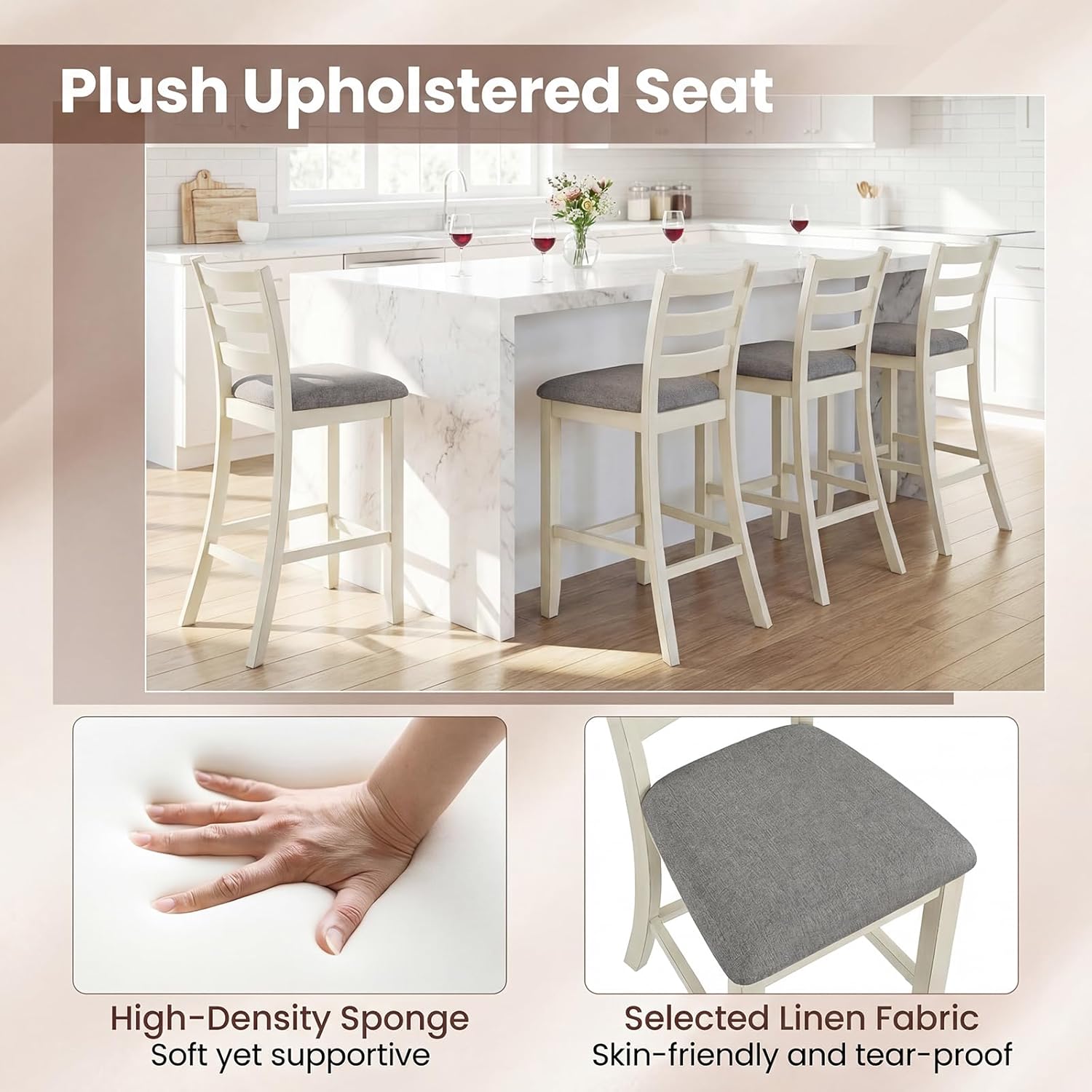 COSTWAY Set of 2 Counter Height Bar Stool, 26 Inch Upholstered Bar Stools with Solid Rubber Wood Frame, Foam-Padded Cushion, Footrest, Kitchen Chair for Bistro, Living Room, Grey and Beige