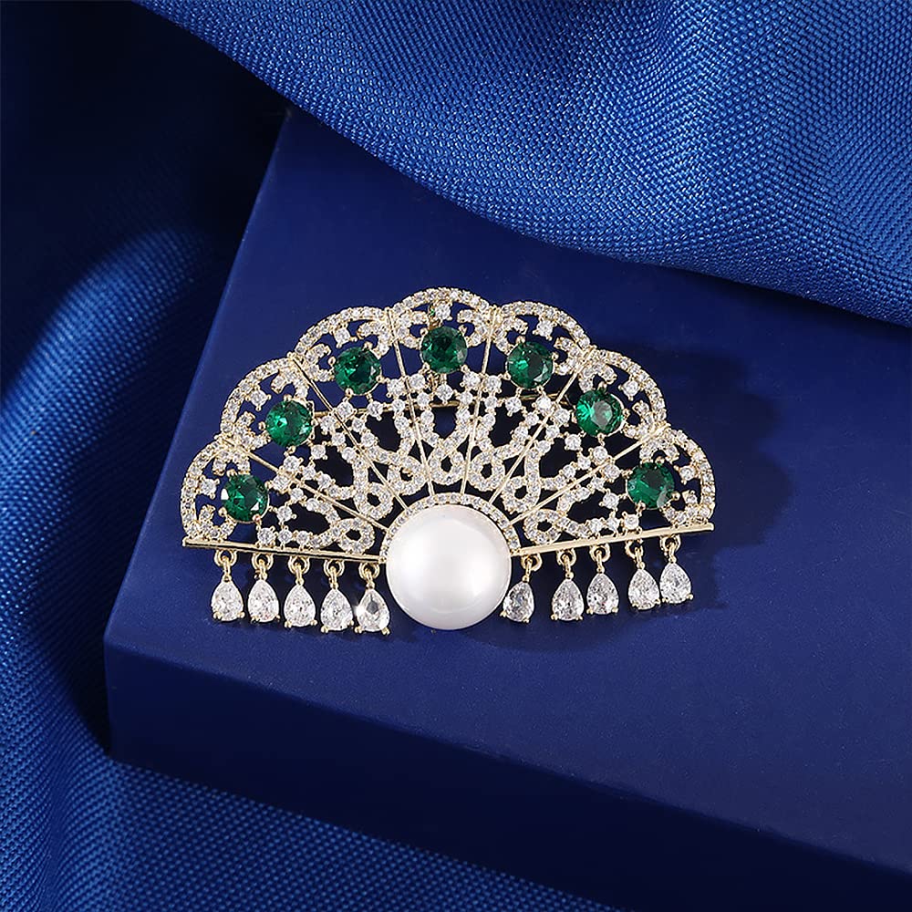 Broches para Mujer, Estilo clásico de Abanico, con circonita cúbica y Perla. Broche de Solapa de Seguridad.