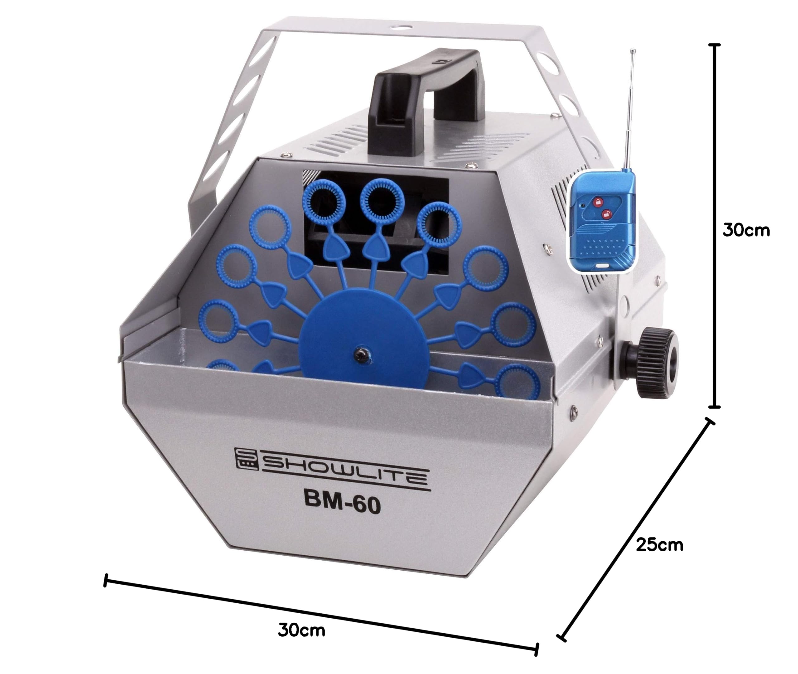 Showlite BM-60 Seifenblasenmaschine 60W mit Funk Fernbedienung (0,6l Tank, 2-3 Stunden Laufzeit bei vollem Tank, Party Effekt, Disco Bubbles) Silber