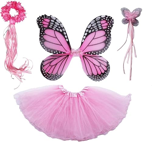 4 PC Girls Fairy Wings Butterfly Costume Set with Wings, Tutu, Wand & Halo