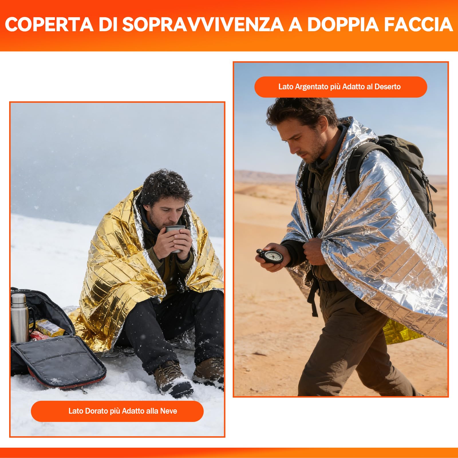 5 Pezzi Coperta Termica di Emergenza 210x160 cm – Telo Isotermico Oro/Argento, Impermeabile e Riutilizzabile per Sopravvivenza, Outdoor, Escursioni e Protezione dal Freddo e dalla Pioggia