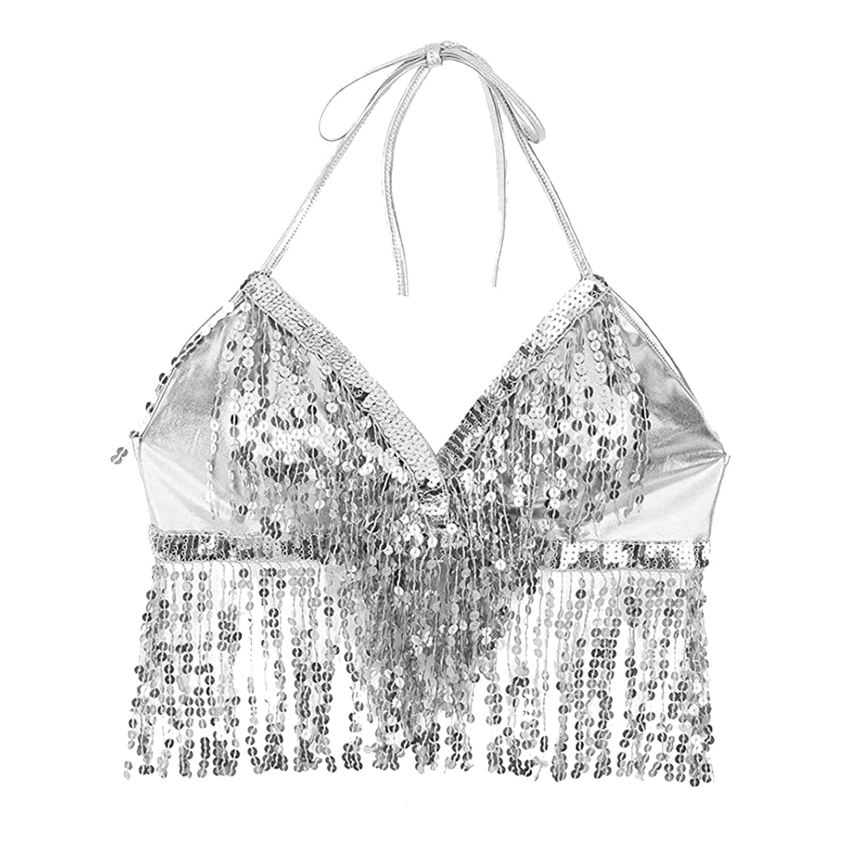 SamHeng Belly Dance Crop Top, Women's Sequin Beaded Halter Top Bra with Fringe Tassel Bandage Strappy Backless Tube Bra for Latin Dance, Party Club Costume