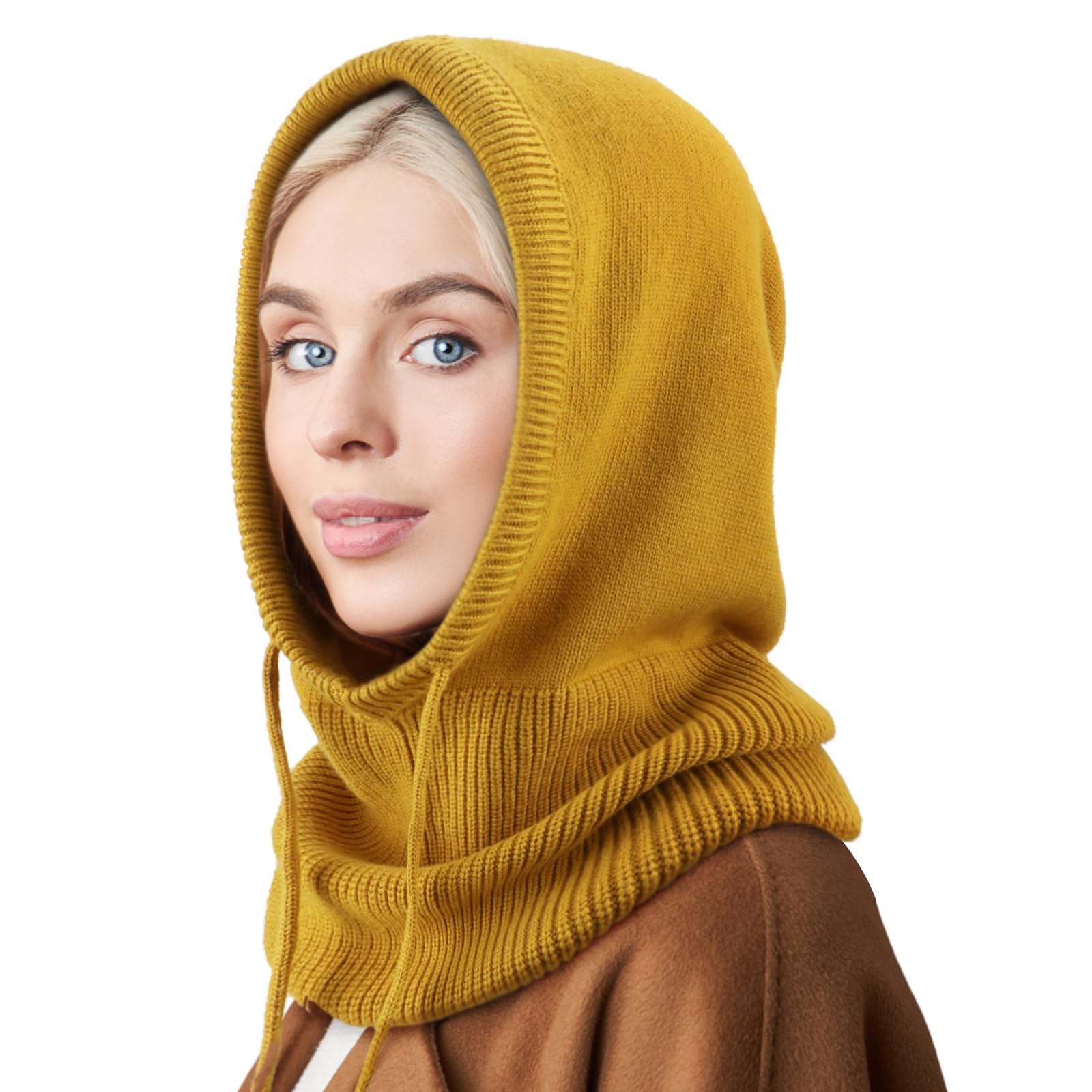 DRESHOW Winter Hats for Women Balaclava Knit Beanie Skull Cap with Drawstring Warm Hooded Scarf Hat