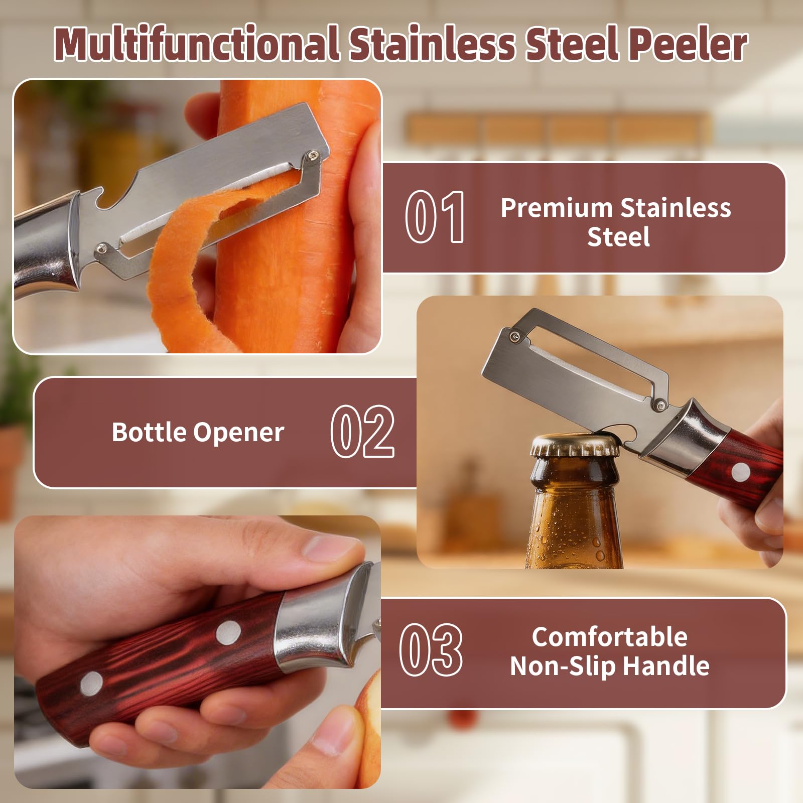 Multifunctional Vegetable Peeler, 2 in 1 Stainless Steel Fruit Veggie Peeler, Handheld Potato Peeler Knife with Bottle Opener Kitchen Tool for Peeling Carrrot Pineapple Pumpkin Papaya(2 Pack) — view 3