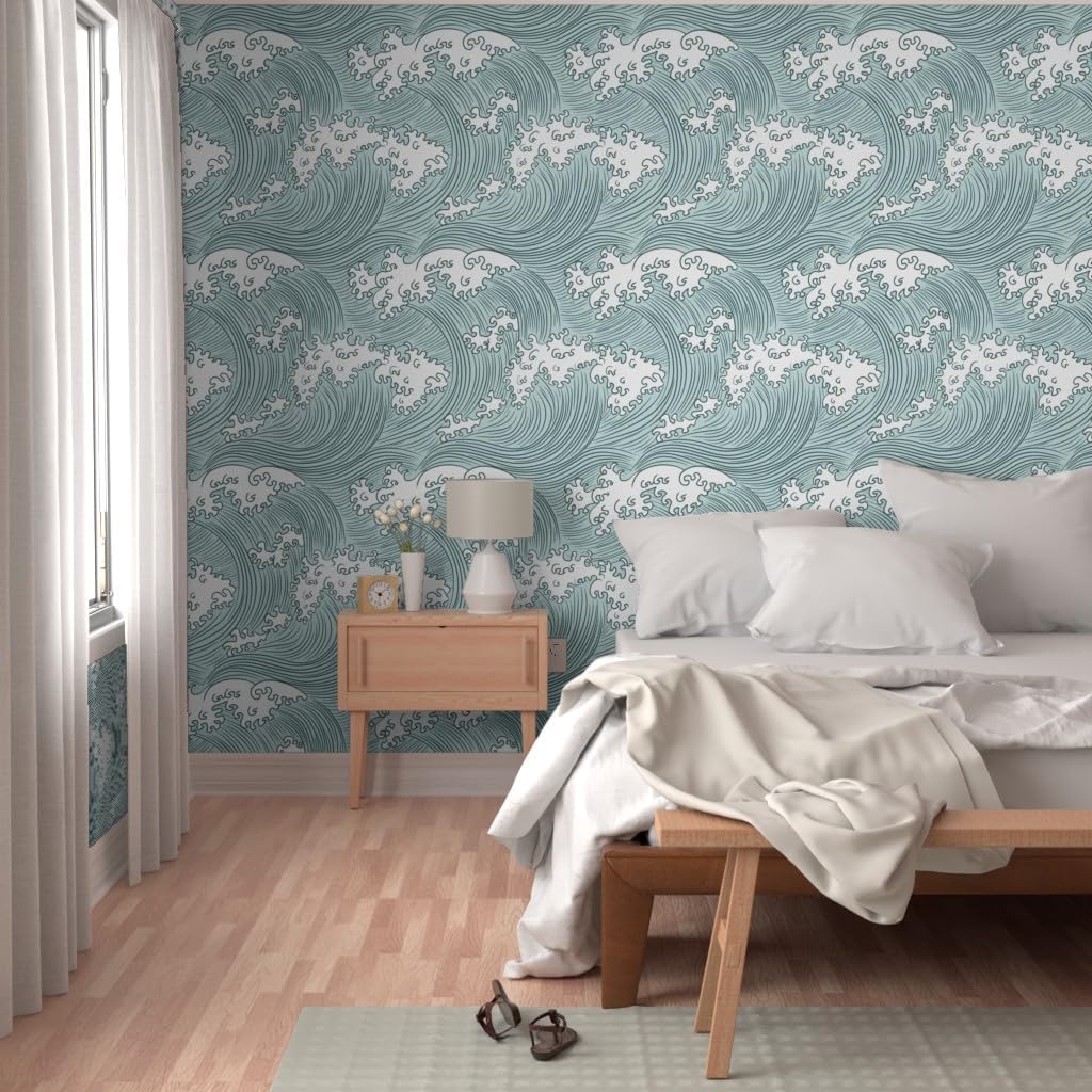Peel & Stick Wallpaper 3ft x 2ft - Japanese Waves Color Pine Mint Custom Removable Wallpaper by Spoonflower