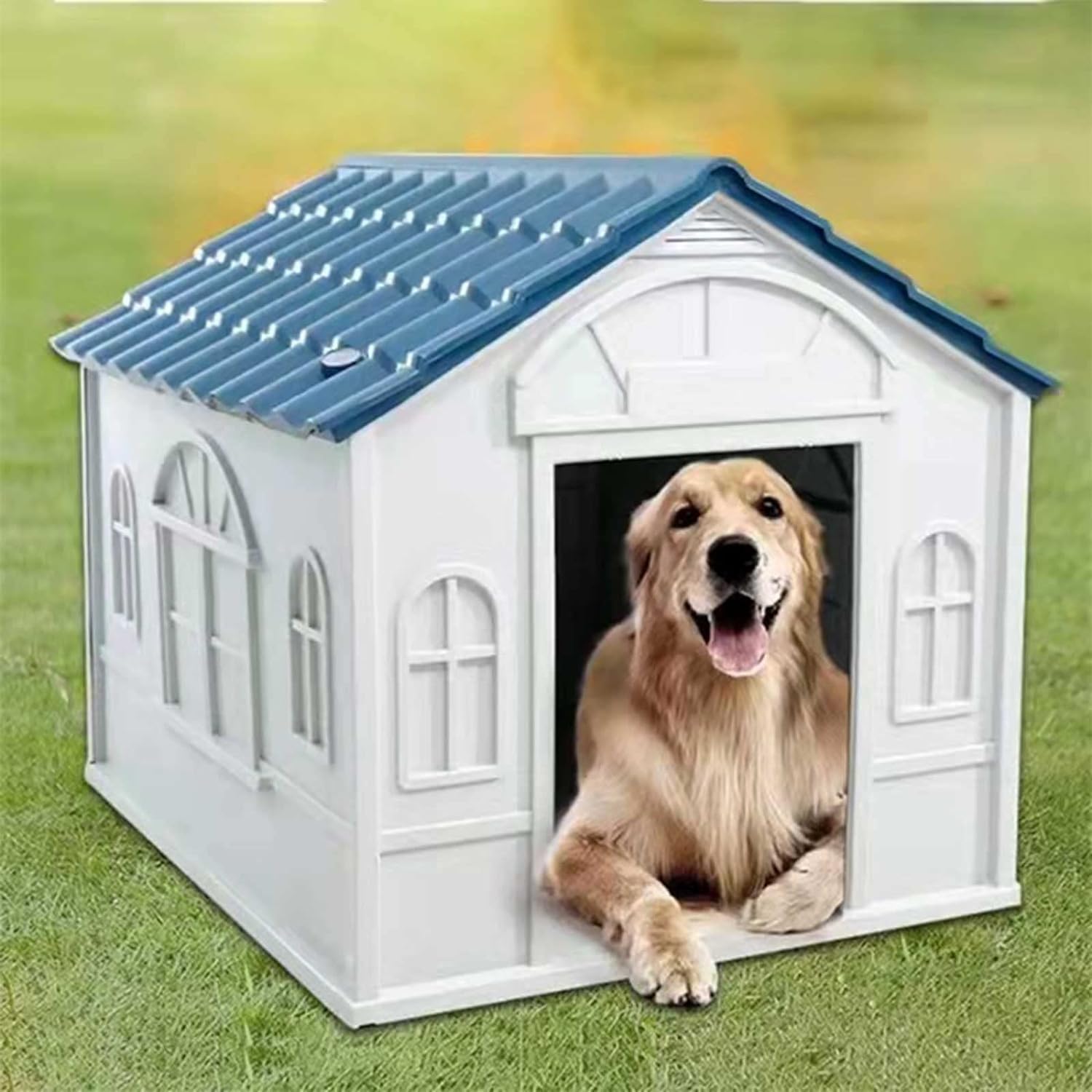 Lanco - Cuccia per Cani di Media e Grande Taglia. Uso interno ed esterno con ventilazione. Materiale resistente. 98x84x82 cm. Blu e bianco.