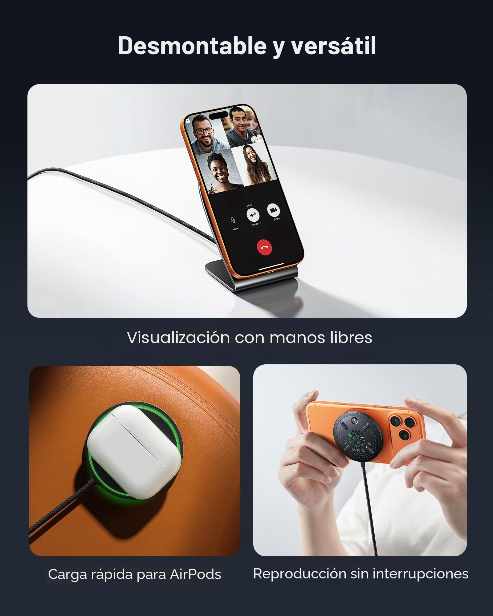 INIU Cargador Inalámbrico iPhone, 15W Certificado Qi2 Base Carga Rápida Magnética y Soporte Móvil, Mag-Safe Wireless Charger for iPhone 17 16 15 14 13 Pro Max Mini AirPods 4 3(con Adaptador USB C 20W)