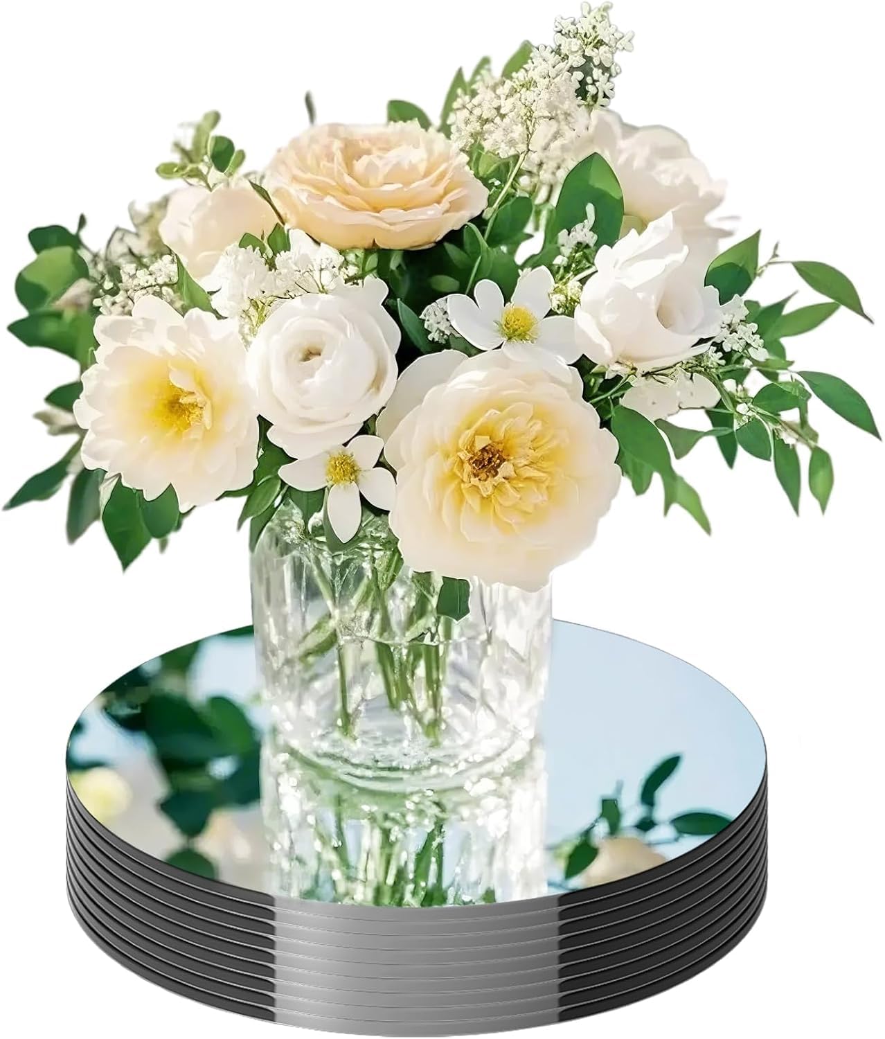 Photo 1 of 20 Pack Round Mirror Centerpieces for Tables, No Glass AcrylicCircle Mirror Table Centerpieces Mirror Tray Candle Plates for Wedding Table DecorationChristmas Home Decor (6inch)