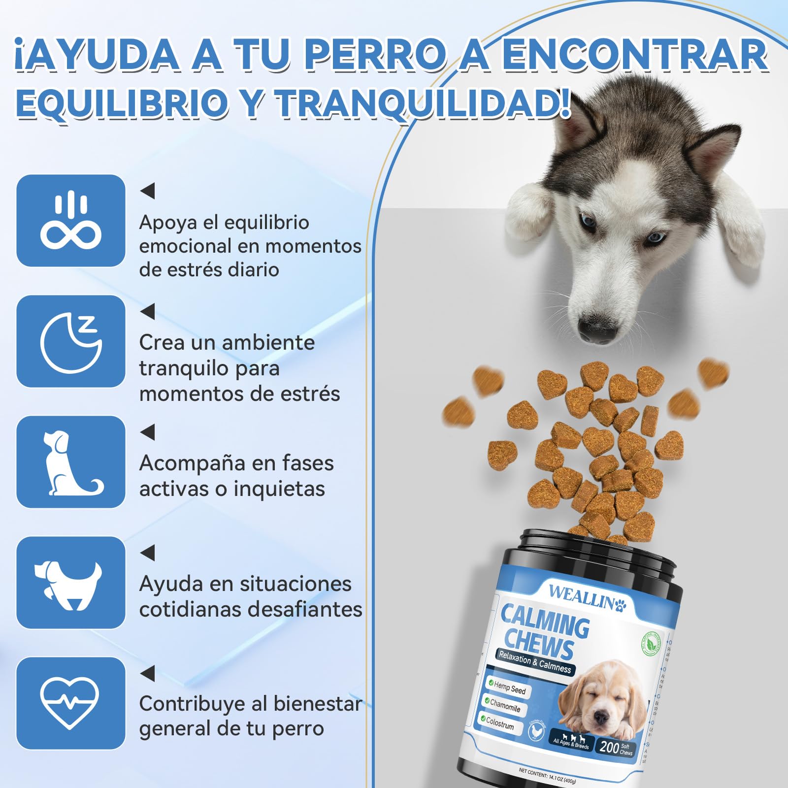 WEALLIN Masticables Calmantes para Perros, 200 Unidades para Apoyar la Calma en Perros, Separación, Ladridos, Viajes, Fuegos Artificiales, para Todas Las Razas y Tamaños, Sabor a Pollo