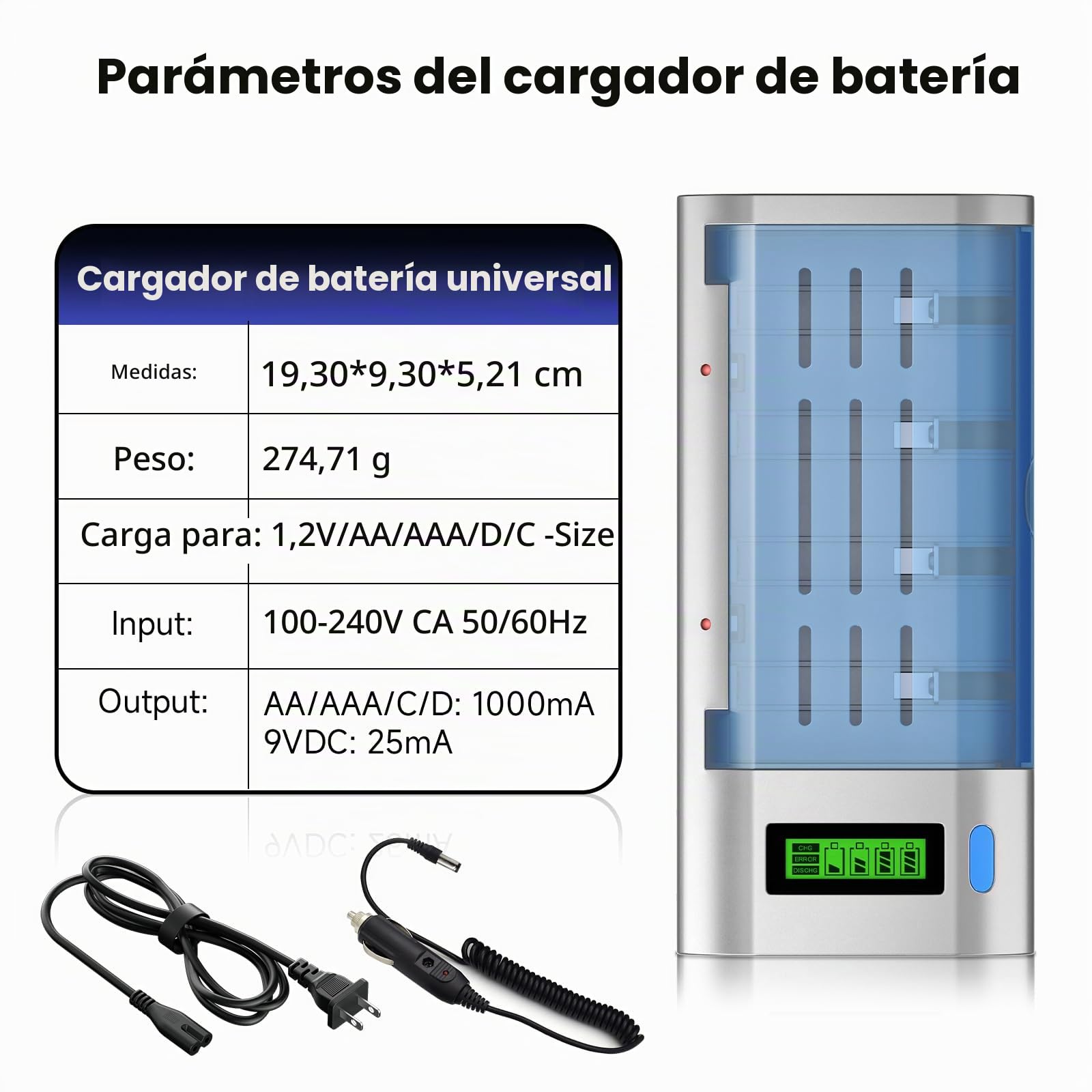 Baterías Recargables C 4000mAh con Cargador Universal LCD para AA/AAA/C/D/9V, Cargador de Baterías NIMH