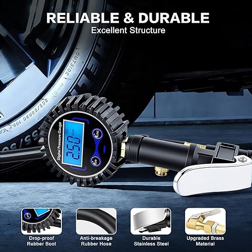 Miniatura 4 de Medidor digital de presión de neumáticos con inflador, portabrocas de aire resistente de 250 PSI y accesorios de compresor con acoplador de conexión