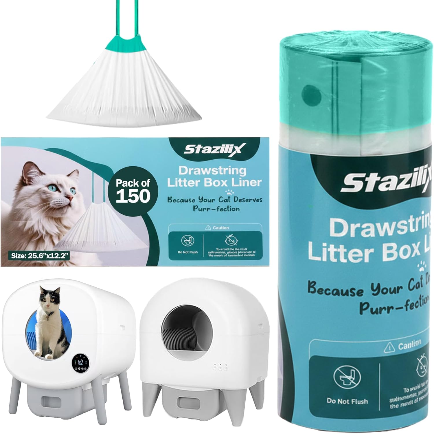 150 Count Cat Litter Liners Best Compatible With Cumrige, Petpivot Autoscooper,Casa Leo,Fsitego,Fumoi & Robot 3 & 4 Litter Boxes Leak & Tear- Proof Heavy Duty Drawstring for Easy Cleaning
