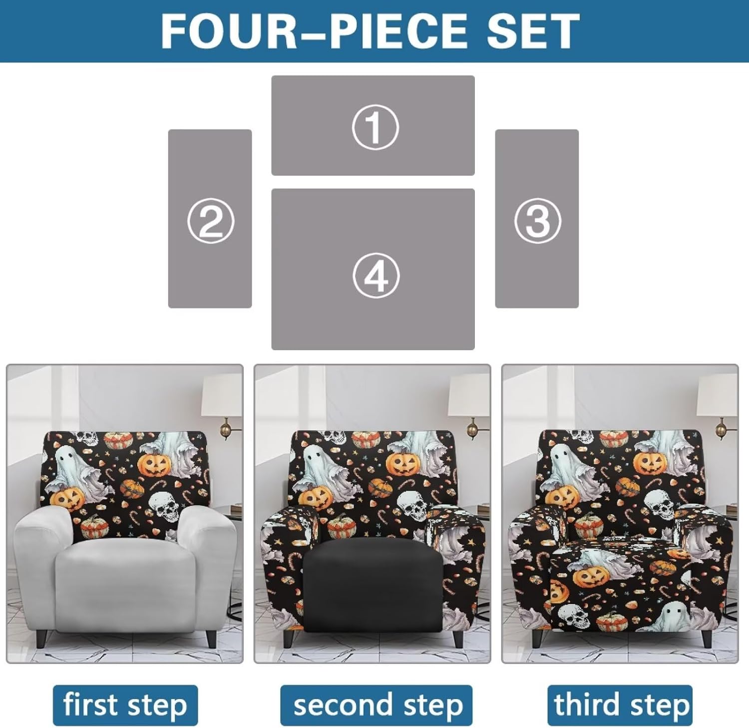 Ghost Recliner Couch Cover Pumpkin 4 Piece Skull Slipcovers with Side Pockets Halloween Themed Chair Covers Stretch Recliner Slip Cover for Living Room