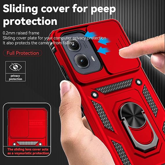 Motorola Edge 2024用ケース カメラレンズカバーHDスクリーンプロテクター、デュアルレイヤー ミリタリーグレードの落下試験済み 磁気リングホルダー キックスタンド 保護ケース Motorola Moto Edge 2024用 レッド