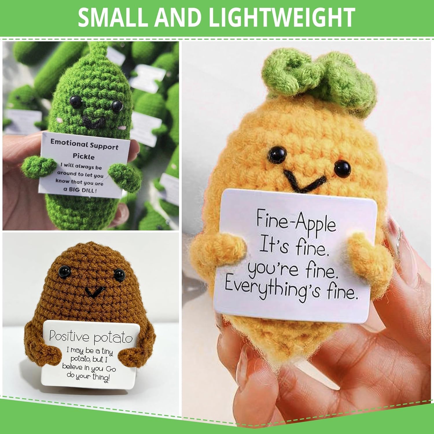 Poupée Concombre Positive – 12 Cm En Tricot Main, Avec Carte D'Encouragement – Cadeau Original Pour Ami, Famille, Collègue