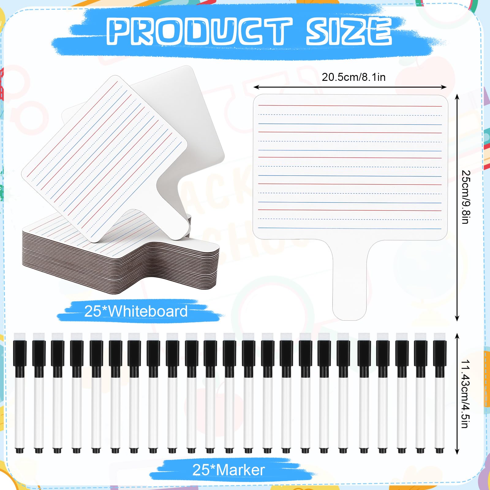 25 Sets Double Sided Dry Erase Paddles Double Sided White Boards with 25 Black Markers Handheld Whiteboard Sign with Blank and Lined Sides for Learners Teacher Classroom Office Supplies - Image 2