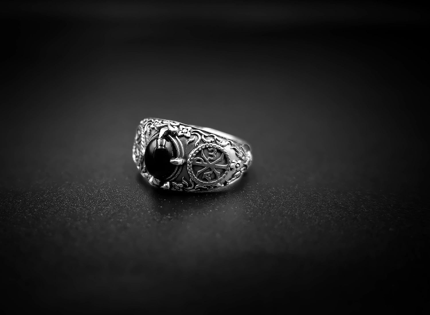 925 Sterling Silver Onyx Chi Rho Jesus Crist Ring Alpha Omega Jewelry Size 6-15