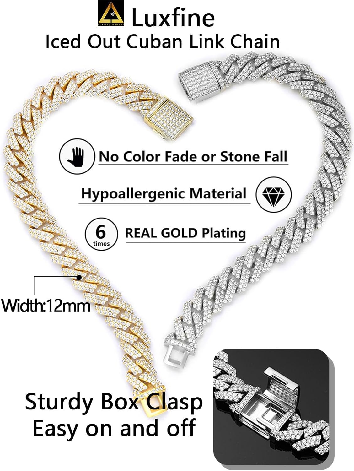 12mm Iced Out Cuban Link Chain 14K REAL Gold Plated Hypoallergenic Hip Hop Jewelry 5A+ Cubic Zirconia Prong-setting Necklace for Men Women Choker Birthday Father Day Gift - Image 5