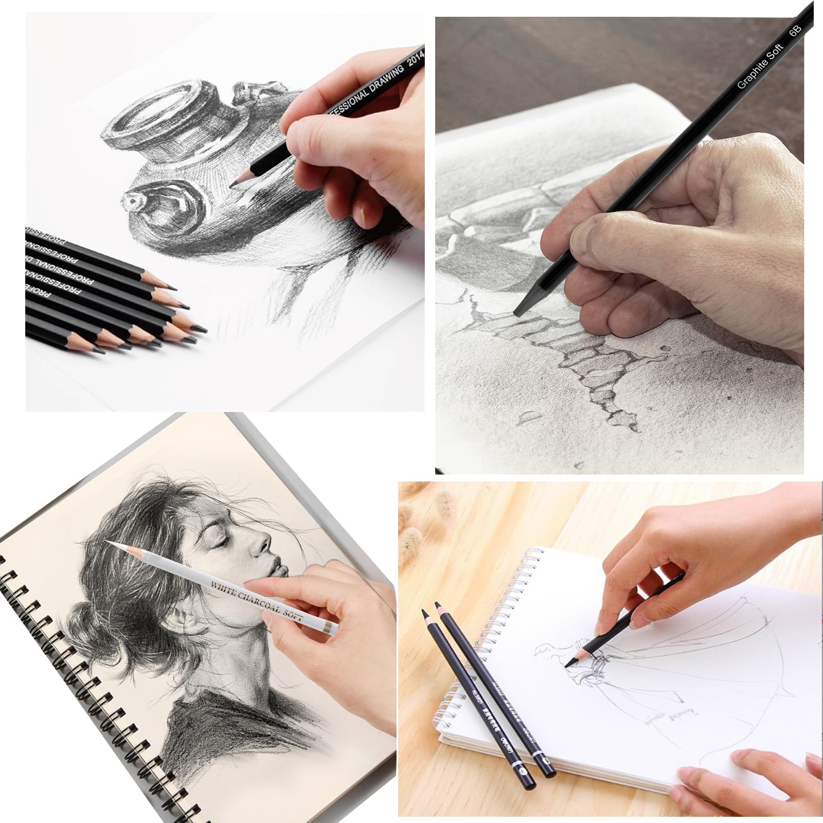 Pencil Drawing Pencils Set Sketching Pencils  14b,12b,10b,8b,6b,4b,3b,2b,B,Hb,F White Charcoal, image size:1600x1600
