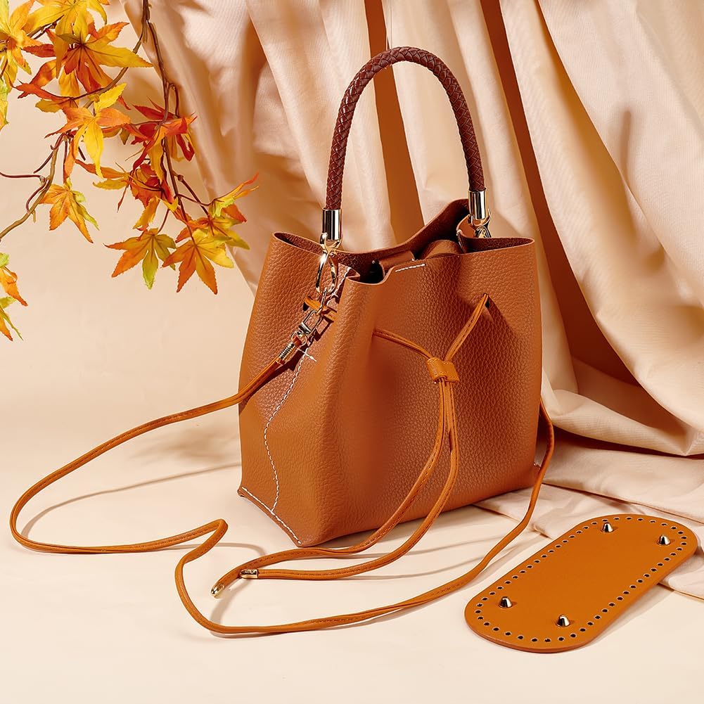 WADORN 4pcs DIY Crochet Bag Kit, Handmade Knitting Tote Bag Making Kit Include Oval Bottom Shaper Pad Short Braided Leather Handle Shoulder Strap Replacement Drawstring Bag Strap, Orange Brown