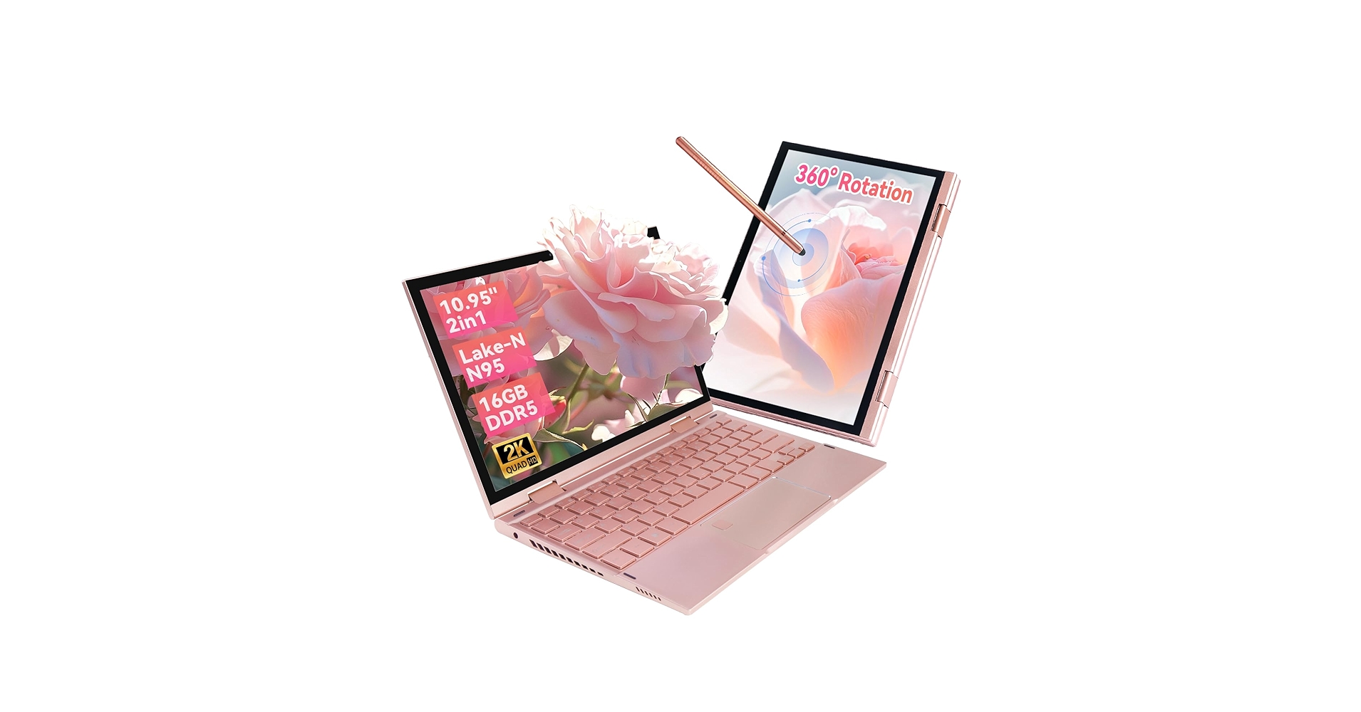 AEEVD 10.95" Touchscreen Laptop, Celeron N95, 16GB DDR5, 2000×1200 Display, 360° Convertible, Fingerprint & Backlit Keyboard, 2x Type-C, 1.1kg, Windows 11 (Rose Gold, 16+256G)
