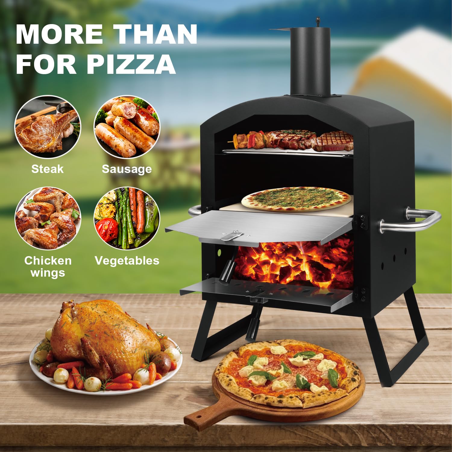 DMS® Germany Pizzaofen – mobiler Outdoor Holzofen Räucherofen - Pizzastein & Grillrost – Garten, Terrasse & Balkon – knusprige Steinofenpizza & Brot wie aus dem Holzbackofen - Kohle-/Pellets -PM-3000
