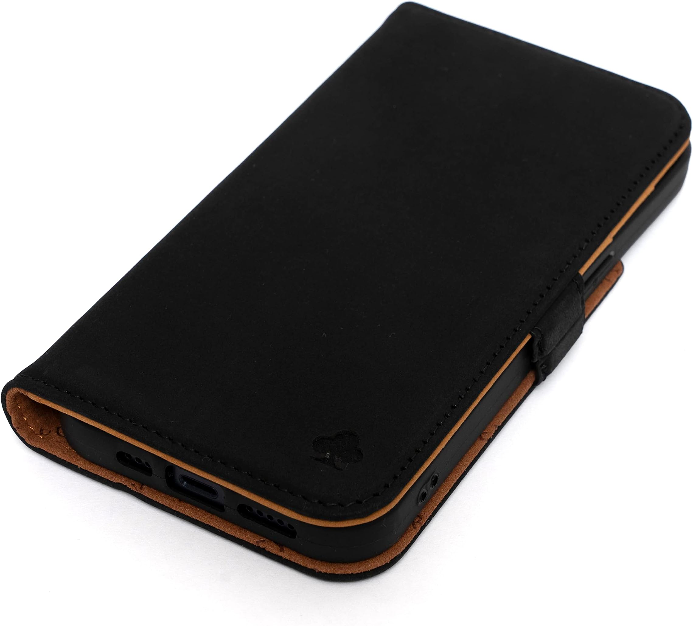 Porter RileyPORTER RILEY - Leather Case for iPhone 13 Pro (6.1"). Premium Nubuck Genuine Leather Stand/Cover/Wallet/Flip Case with Card Slots & Horizontal Stand (Black, Tan)