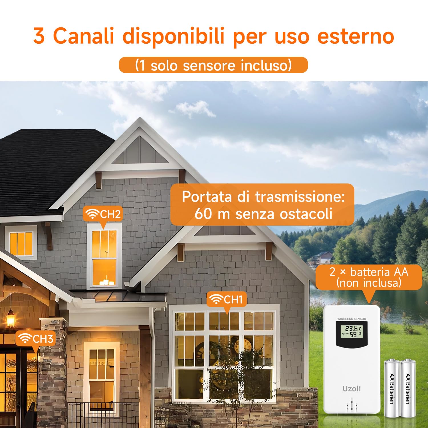 Uzoli EM3566 Stazione meteo con sensore esterno, Temperatura e Umidità, Previsioni del tempo, Pressione atmosferica, Orologio radiocontrollato, Fase lunare, Livello di comfort, Rischio muffa