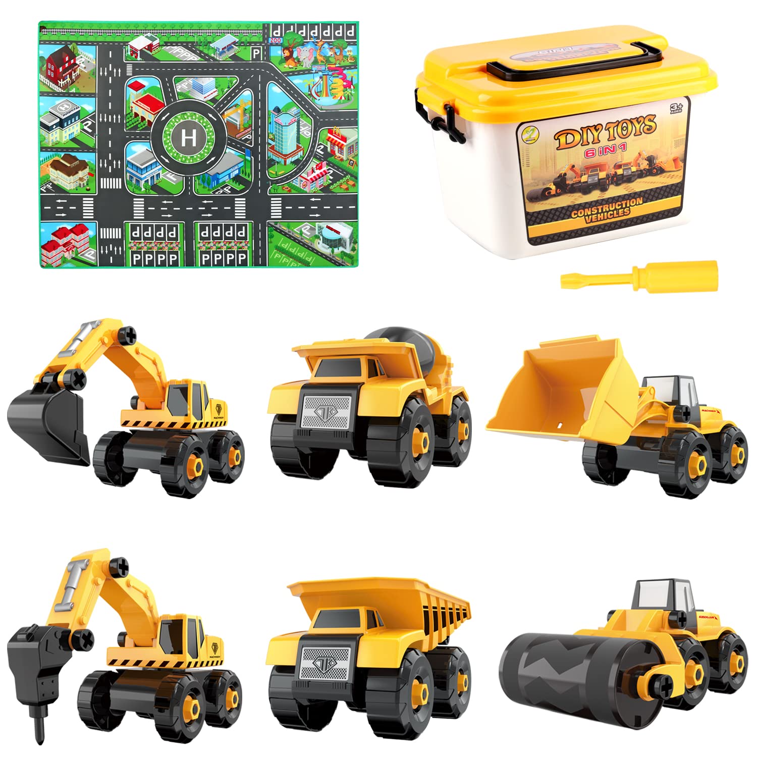 Take-Apart Construction Vehicles Toys with Play Mat Storage Box(Assembly Construction Cars) 6 in 1 DIY Building Educational Gift Toys for Boys Girls 3 4 5 Years Old