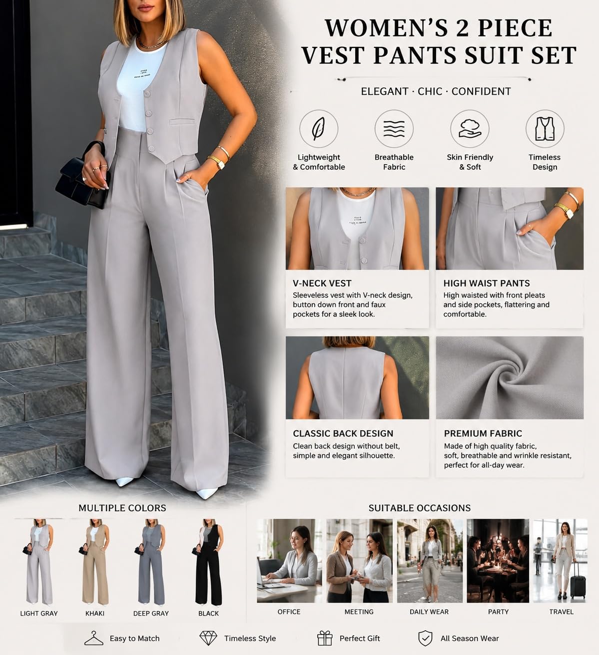 Ensemble Ete Femme Ensemble Deux Pièces Pour Femme : Gilet Court Sans Manches Élégant Tailleur-Pantalon À Col V Et Pantalon Large Idéal Pour Le Travail Au Bureau