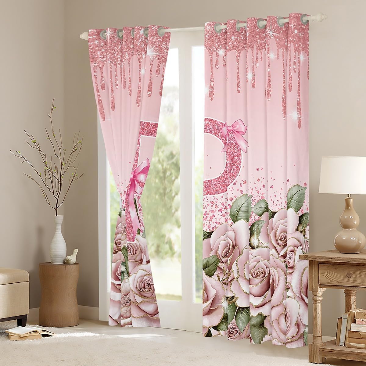 Initial A-Z Letter Blackout Curtains for Bedroom, Personalized Initial Letter P Window Curtains 2 panel Sets 38"Wx45"L,Monogrammed Pink Bow Romantic Rose Bowknot Kawaii Window Treatments Drapes