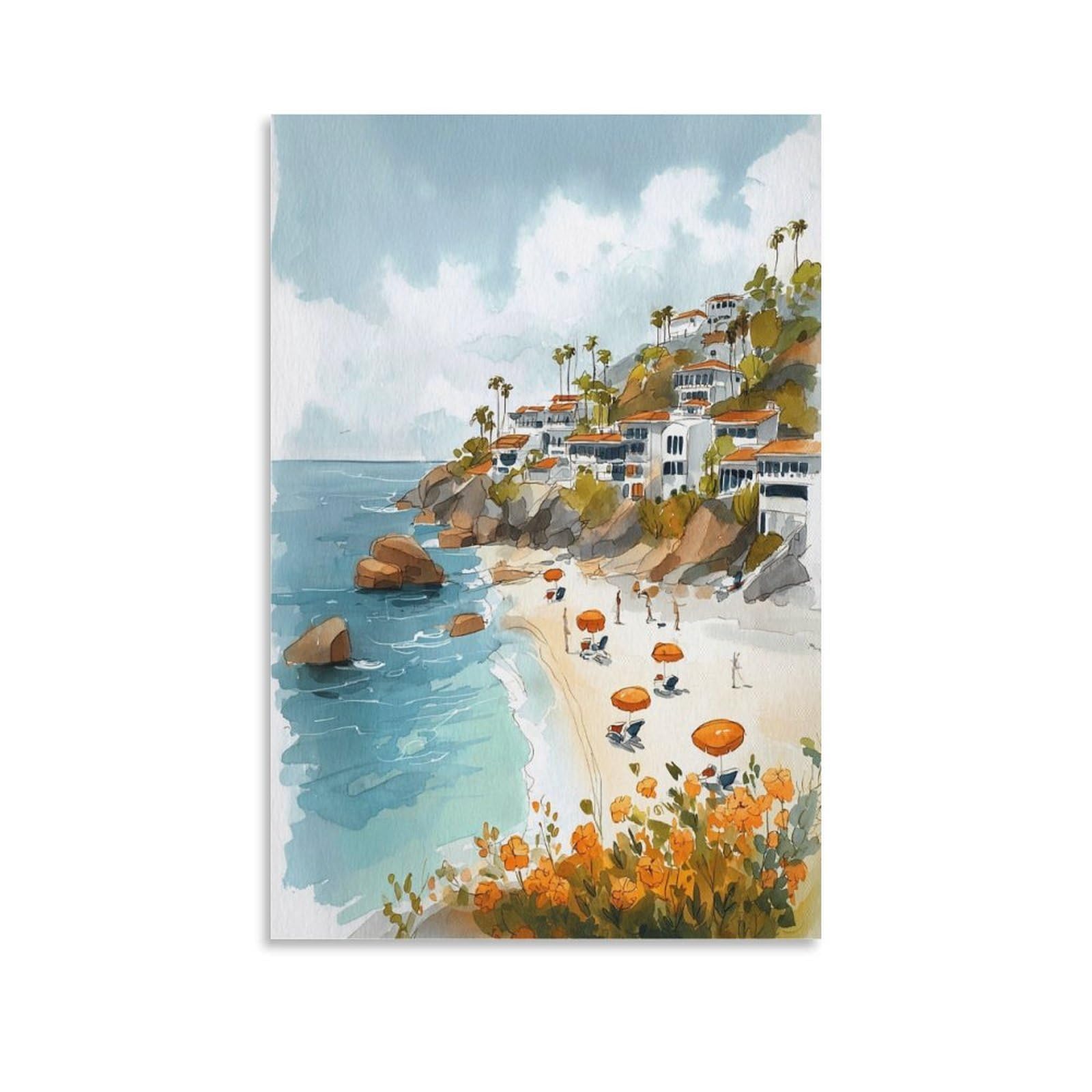 XWYMXZ Laguna Beach Watercolor Painting Poster 20x30inch(50x75cm) Vintage Watercolor Canvas Art