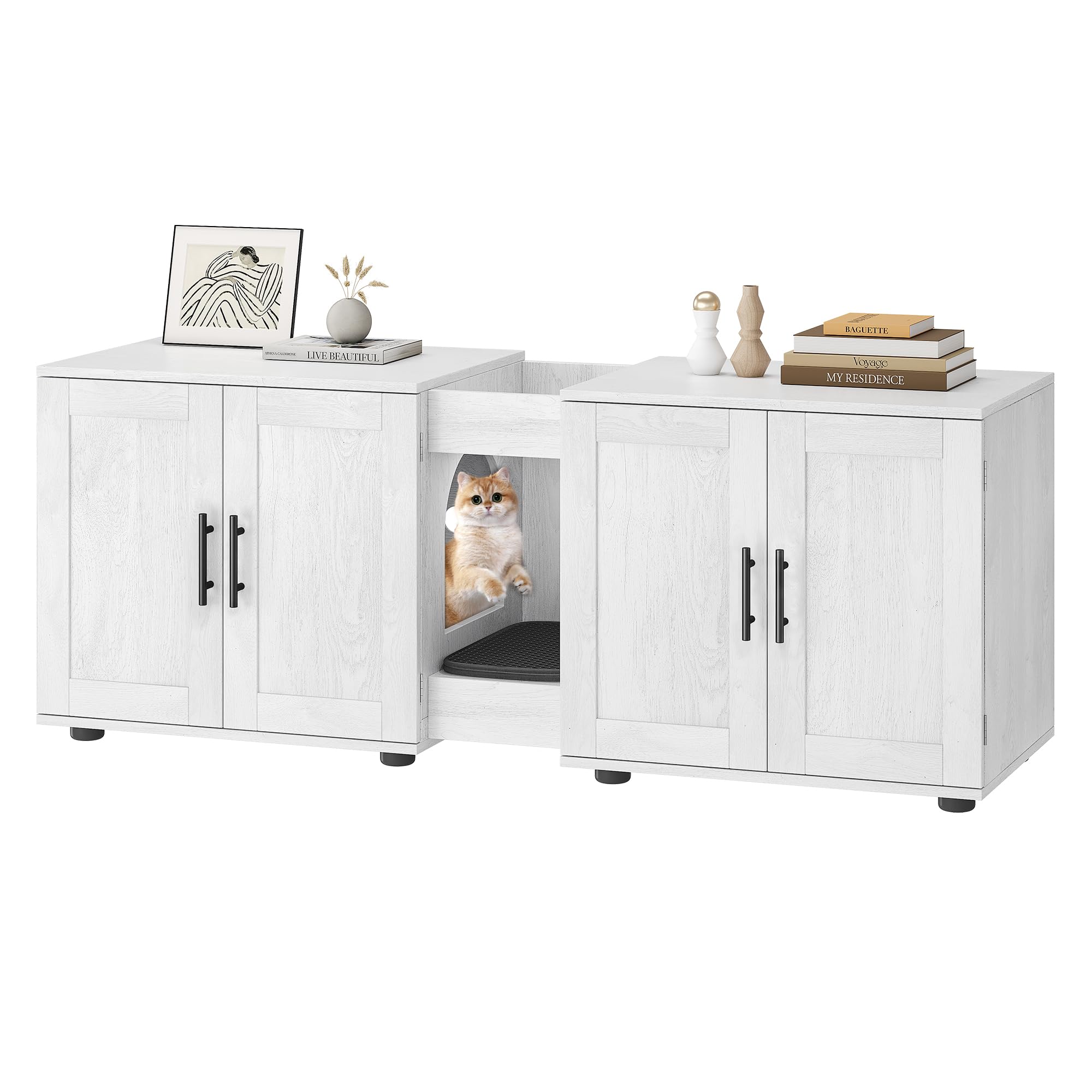 55" Large Cat Litter Box Enclosure for 2 Cats, Hidden Litter Box Furniture with Barn Doors, Double Room Wood Cat Washroom Bench, Rustic Litter Box Cabinet for Living Room & Bedroom, White