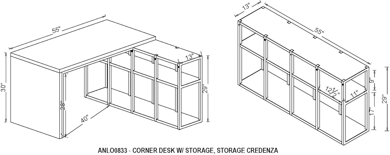 Acacia Wood L-Shaped Corner Desk with Storage Credenza