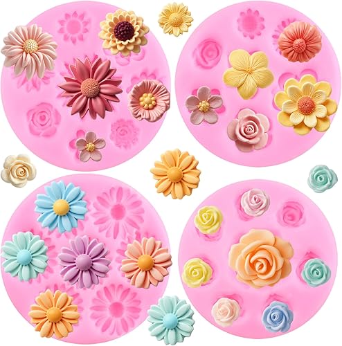 Miniatura 12 de ZiXiang Moldes de silicona de flores de rosas, molde de fondant de flores de margarita para decoración de pasteles, decoración de cupcakes, caramelo