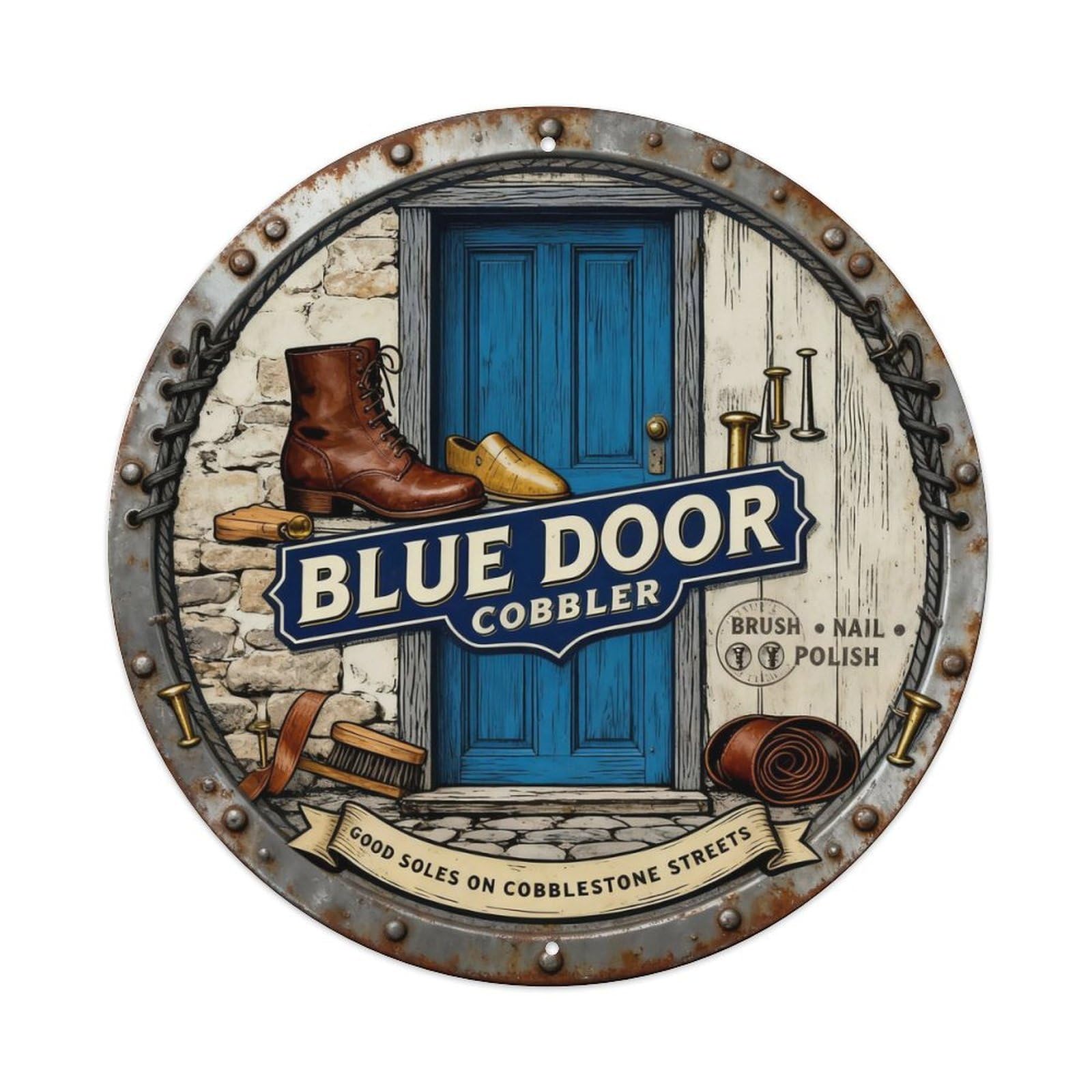 Blue Door Cobbler Sign Metal Tin Sign Plaque