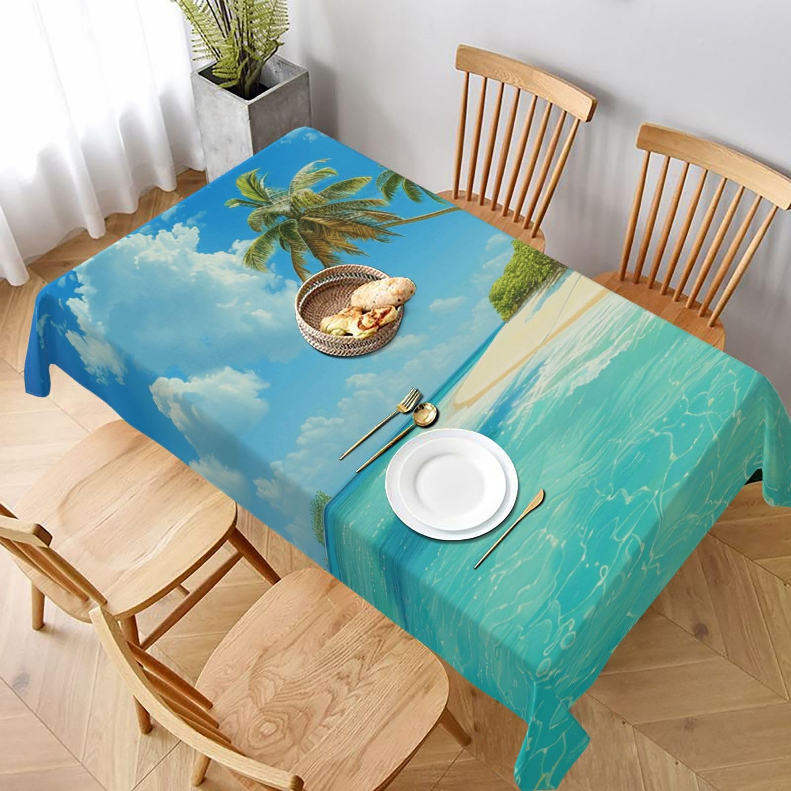 WPKJU Island with Sandy Beach and Palm Tree Printed Tablecloth 60x90 in Water Resistant Table Cover Washable Rectangle Table Cloth for Dining Tables