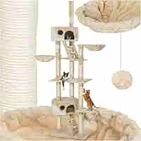 Tiragraffi Per Gatti Multifunzionale - Con Amaca, Piattaforme E Colonne In Sisal, Altezza 141 Cm, Portata 35 Kg, Colore Beige - Foto 2