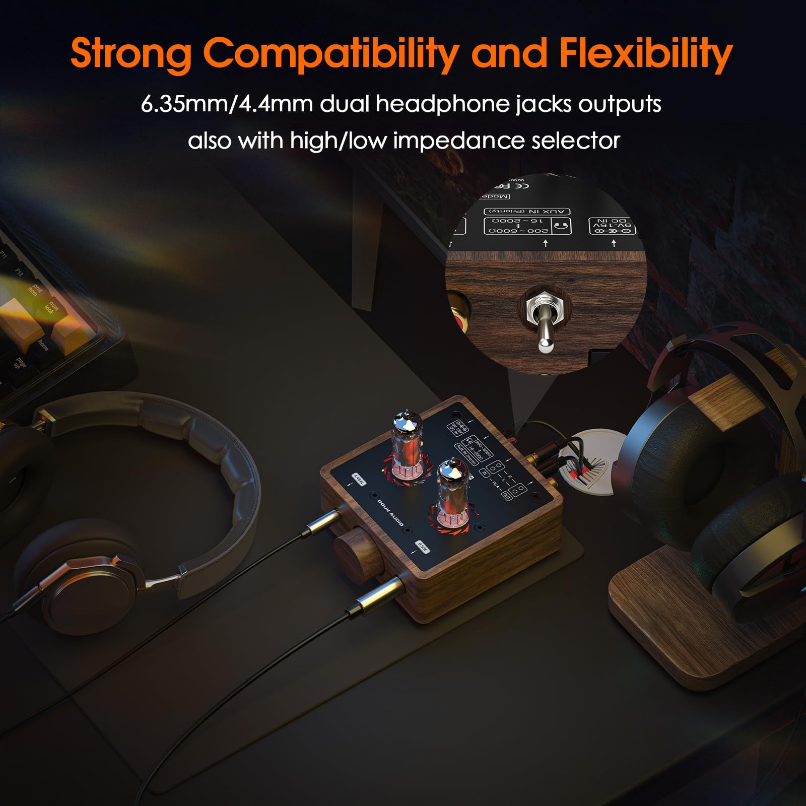 Douk Audio Mini lampowy wzmacniacz słuchawkowy Desktop Stereo Audio przedwzmacniacz z gniazdem 4,4/6,35 mm (drewno orzecha włoskiego)