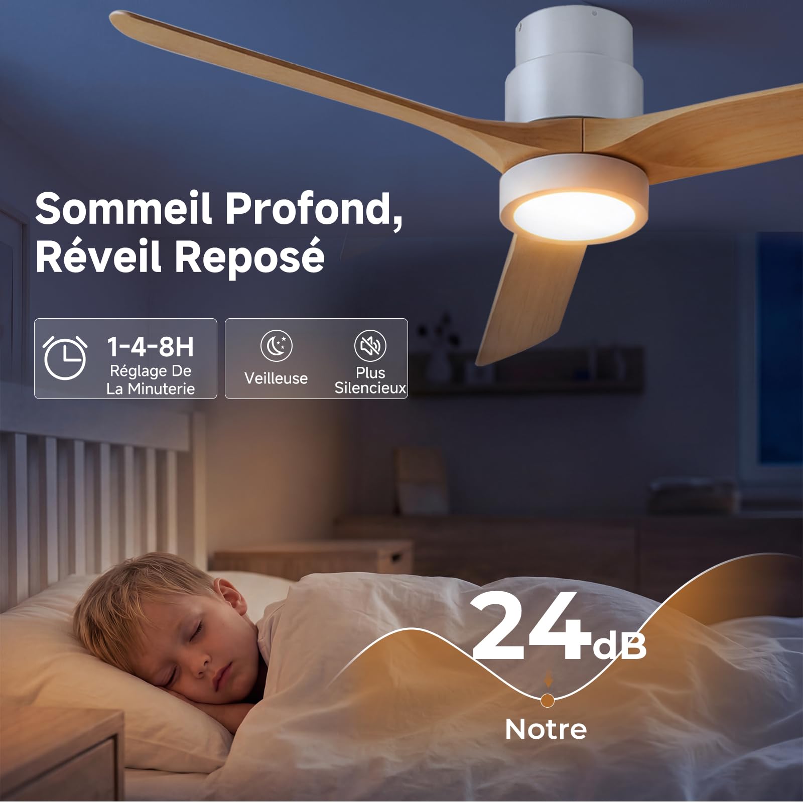 Ateroll Ventilateur Plafond Silencieux, Ventilo Plafond Avec Lumière Et Télécommande, 132 Cm, 3 Pales Bois, Avec Lumière Dimmable, Moteur DC Réversible, Fonction Été-Hiver, 6 Vitesses, Minuterie