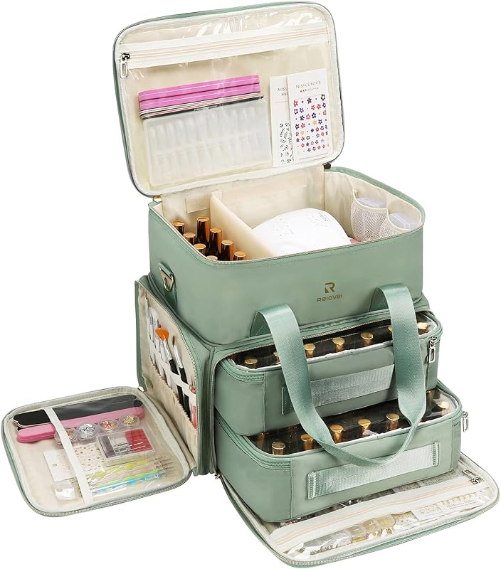 Relavel Organizador de Esmaltes com 2 Compartimentos, 80 Espaços e Bolsa para Lâmpada de Unhas, Verde