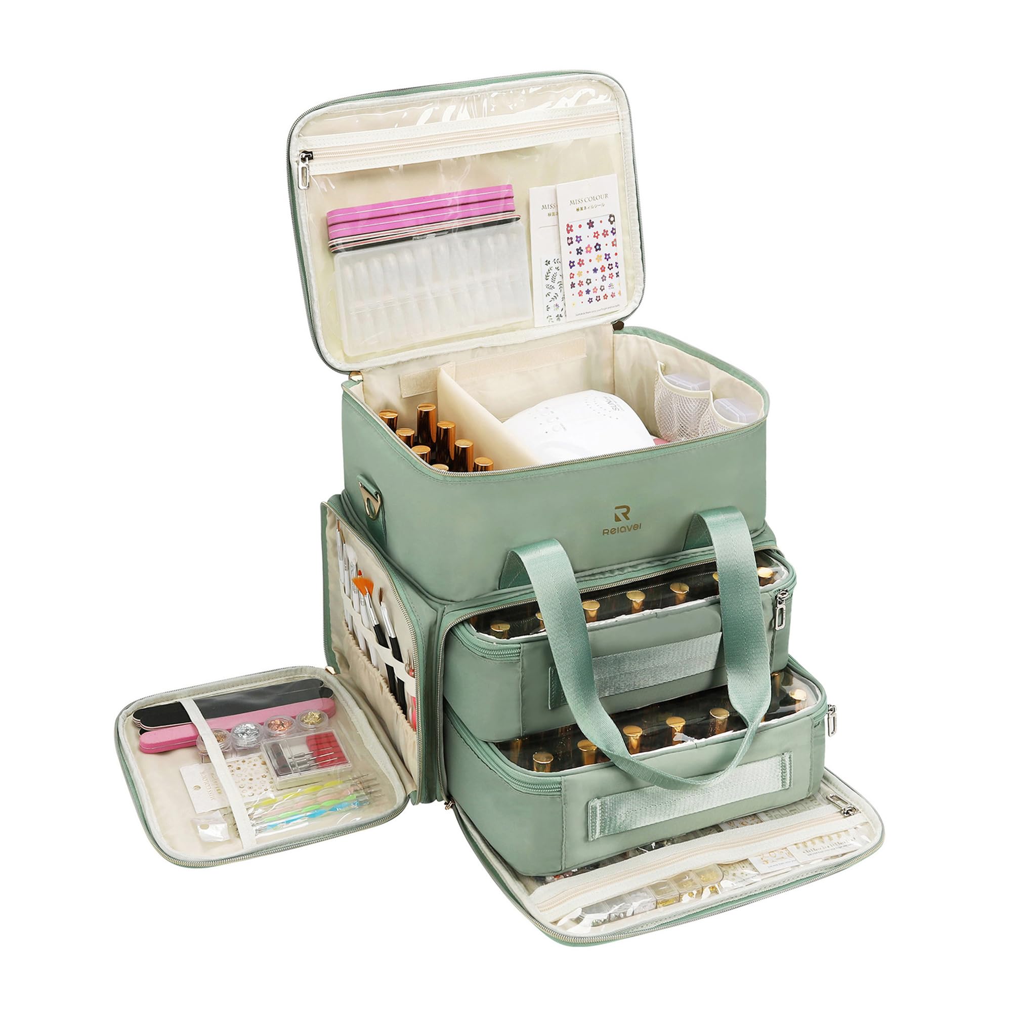 Relavel Nail Polish Organizer, Double Layer Nail Bag Holds 80-100 Bottles (15ml/0.5fl.oz) & Nail Lamp Nail Kit Storage Case, Extra Large Travel Nail