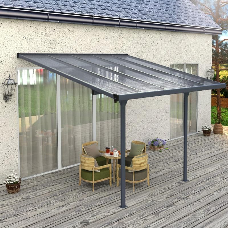 Pergola Adossée en Aluminium Anthracite 3,05x3,14m avec Toit en Polycarbonate 6mm